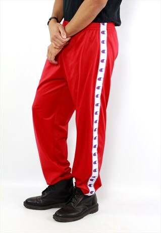RED CHAMPION TRACK PANTS TAPED JOGGERS