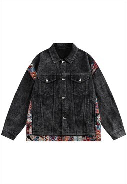 Patchwork denim jacket Ethnic jean varsity Aztec coat grey
