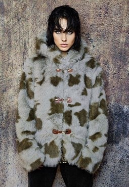 Faux fur leopard jacket animal print fluffy duffle coat grey