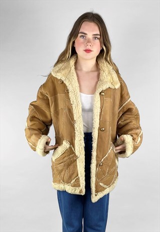 70'S CREAM BROWN SHEARLING VINTAGE WINTER COAT PATCHWORK 