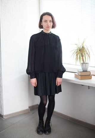 VINTAGE 70'S BLACK HIGH COLLAR TRANSPARENT BLOUSE