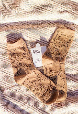 Brown Cute Cat Print Socks