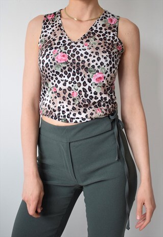 VINTAGE 90S Y2K LEOPARD ANIMAL ROSE FLORAL PRINT TANK TOP