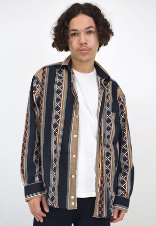 VINTAGE 90'S BLACK & BROWN AZTEC PRINTED SHIRT