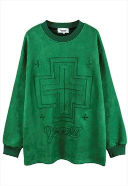 Cross embroidery velvet sweatshirt retro velour top in green