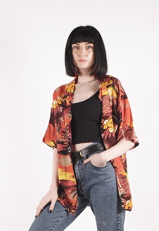 VINTAGE 90S ORANGE CRAZY PATTERN HAWAIIAN SHIRT /NN3401