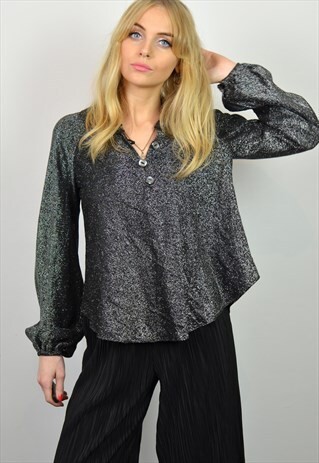 VINTAGE 70S BLACK & SILVER LUREX SPARKLY BLOUSE / SHIRT