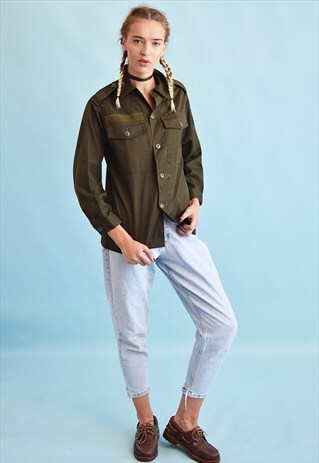 90'S RETRO MILITARY STYLE KHAKI DENIM SHIRT TOP