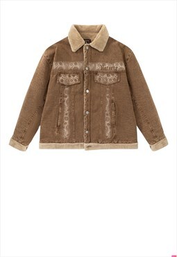 Fleece lined denim jacket preppy jean bomber retro coat