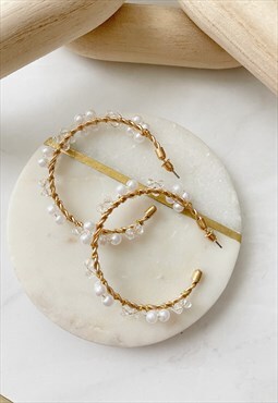Gold Faux Pearl Crystal Hoop Circle Glam Earrings