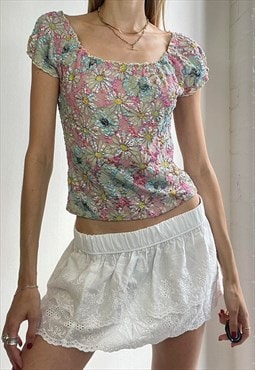 Vintage Y2k Floral Embroidered Puff Sleeve Top Coquette