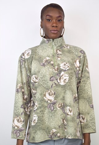VINTAGE 90S GREEN AND GREY FLORAL 3/4 ZIP SWEATSHIRT