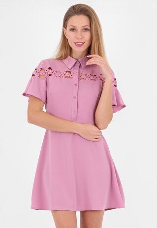 PINK SHORT FLARED SLEEVE A-LINE DRESS