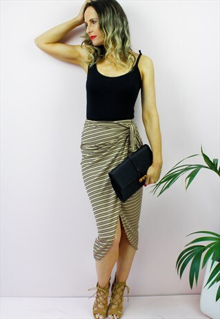 STRIPED WRAP AROUND FRONT TIE HIGH WAIST BODYCON MIDI SKIRT