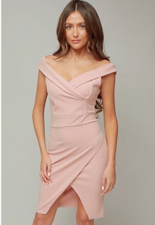 VINNAY BLUSH WRAP OFF THE SHOULDER MIDI DRESS