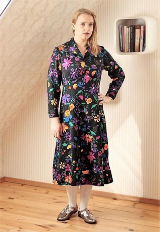 BLACK MIDI BRIGHT FLOWERS DRESS