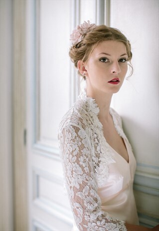 FRENCH LACE, LONG SLEEVED WEDDING BOLERO, GUIPURE LACE TRIM.