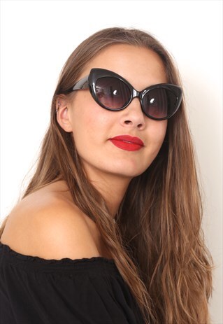 BLACK RETRO CAT EYE SUNGLASSES UV400