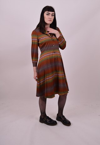 VINTAGE 70'S BROWN CRAZY PRINT A LINE DRESS SIZE 12 TO 14