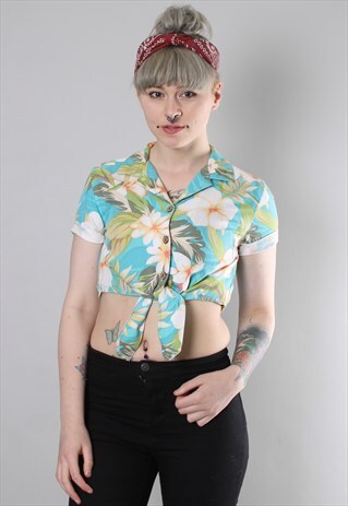 VINTAGE 90S HAWAIIAN FLORAL PATTERNED CROPPED TIE SHIRT