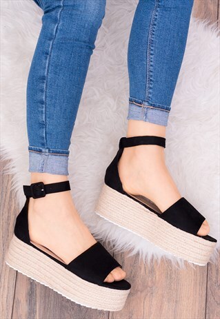 PLATFORM ESPADRILLE SANDALS SHOES IN BLACK SUEDE STYLE-MONZA