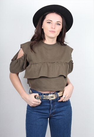 VINTAGE REMADE COLD SHOULDER RUFFLE SWEATSHIRT