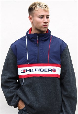GREY NAVY AND RED TOMMY HILFIGER QUARTER ZIP FLEECE