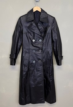 Vintage Y2K Leather Trench Coat Black Double Breasted Medium