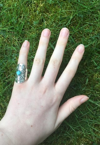 WOMENS BOHO TURQUOISE SILVER COLOUR CHUNKY TRIBAL AZTEC RING