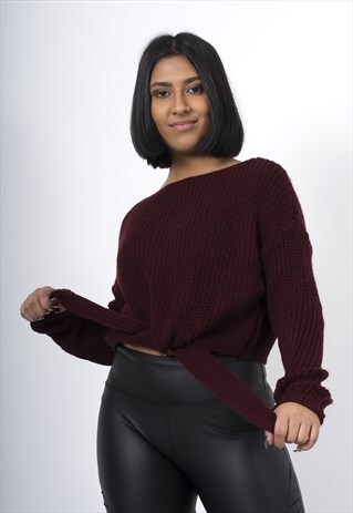 BURGUNDY KNIT TIE FRONT JUMPER
