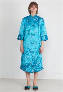 Vintage Blue Chinese Long Sleeve Robe Dress