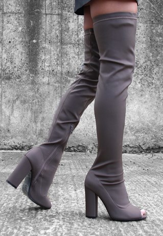 BECKY KHAKI PEEP TOE THIGH HIGH LYCRA BOOTS