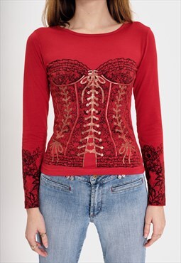 Vintage Y2K Red Corset Print Long Sleeve Top