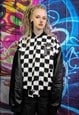 DROP SHOULDER VARSITY JACKET FAUX LEATHER CHECK JACKET BLACK