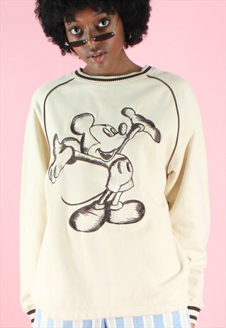 VINTAGE 90S DISNEY SWEATSHIRT JUMPER BEIGE MICKEY EMBROIDERY