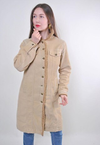 WOMEN RETRO BEIGE CORDUROY LONG AUTUMN COAT JACKET