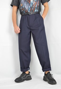 Vintage dark blue classic straight wool suit trousers