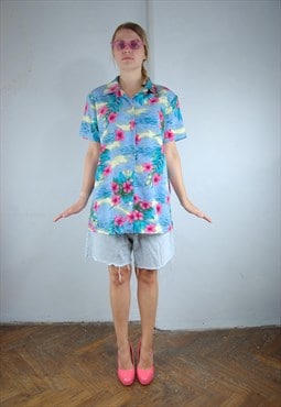 Vintage 90's Hawaii baggy summer festival shirt blouse blue