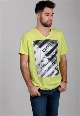 Vintage Bright Yellow V-Neck T-Shirt. Size XL.