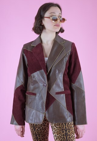 VINTAGE LEATHER JACKET TRENCH BLAZER WITH BURGUNDY PATCHWORK
