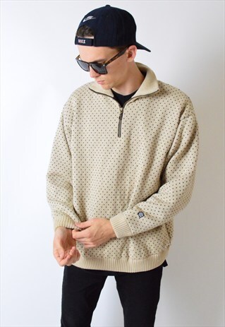 VINTAGE 90S BEIGE 1/4 ZIPPER WOOL JUMPER JACKET