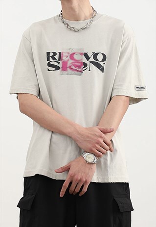 GREY WASHED GRAPHIC COTTON OVERSIZED T SHIRT TEE