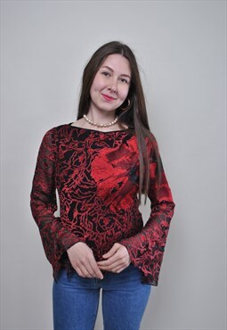 90s wide sleeve blouse, pullover red abstract shirt, vintage