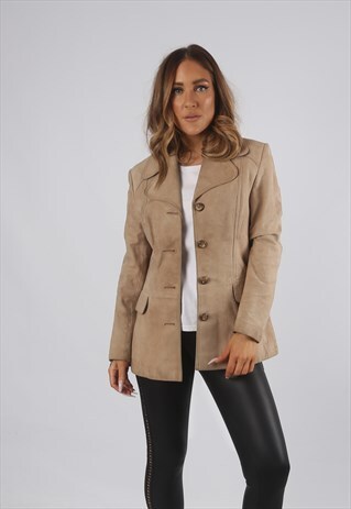 VINTAGE SUEDE LEATHER JACKET SHORT FITTED UK 10 - 12 (J9BE)