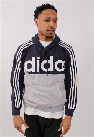 VINTAGE MEN'S ADIDAS NAVY GREY PULL OVER HOODIE