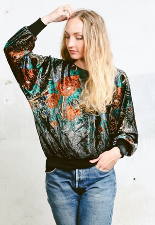 VINTAGE 80S BLACK FLORAL VELVET SWEATSHIRT
