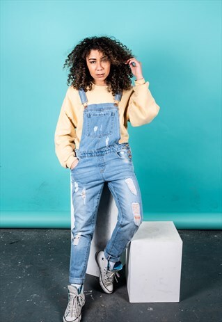 VINTAGE DUNGAREES IN BLUE DENIM WITH RIPS