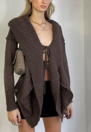 VINTAGE Y2K TIE FRONT WATERFALL KNITTED CARDIGAN MOHAIR