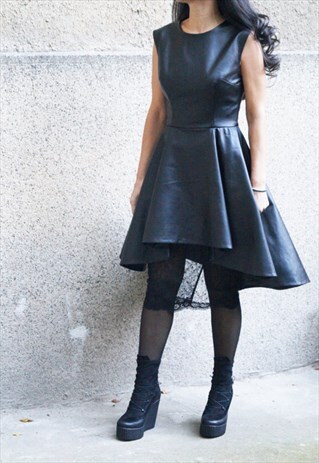 BLACK MIDI DRESS SLEEVELESS LACE FAUX LEATHER F1641