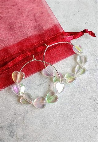 CLEAR IRIDESCENT CANDY HEART HOOP EARRINGS